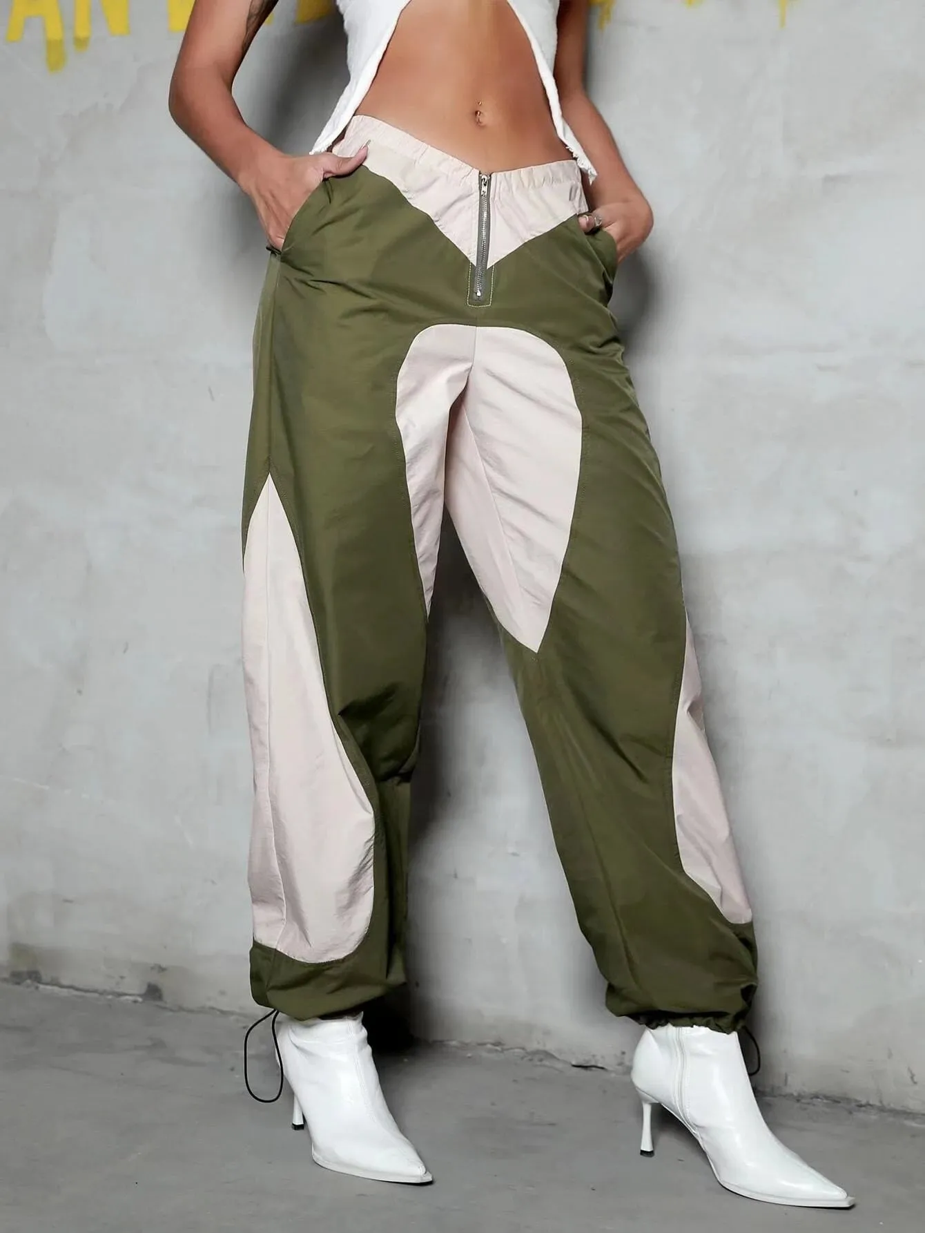 Two Tone Slant Pocket Drawstring Cargo Pants
