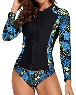 Upf 50  Zip Front 2-Piece Rash Guard For Women Long Sleeve-Blue Leaf