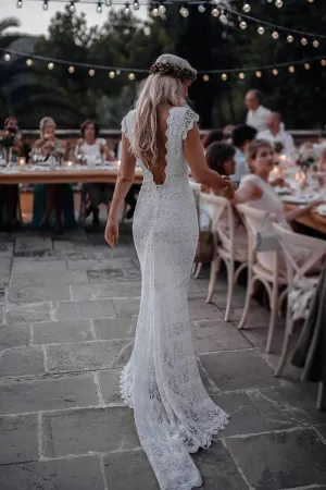 Vintage Backless Lace Boho Mermaid Wedding Dresses Cap Sleeve Bohemian Bridal Gowns W1060