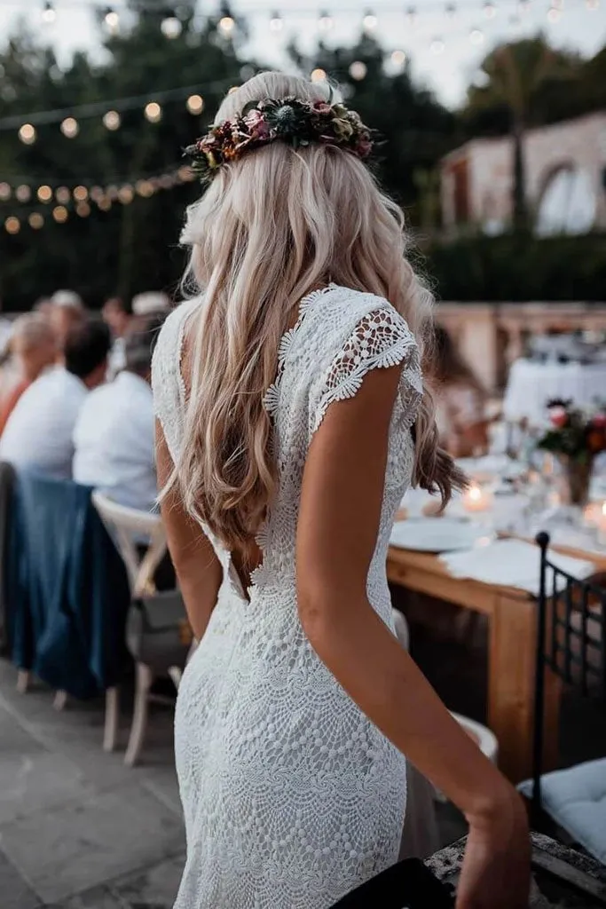 Vintage Backless Lace Boho Mermaid Wedding Dresses Cap Sleeve Bohemian Bridal Gowns W1060
