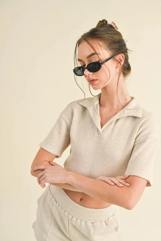 Waffle Knit Polo And Short Set Taupe