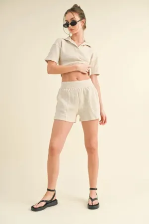 Waffle Knit Polo And Short Set Taupe