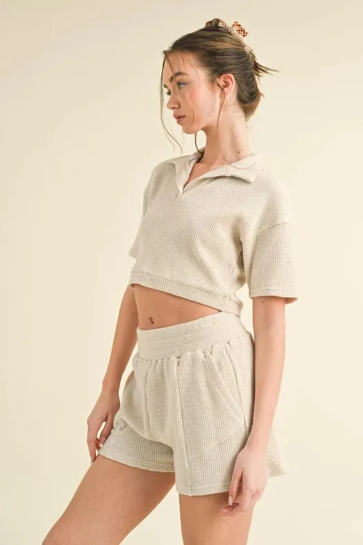 Waffle Knit Polo And Short Set Taupe