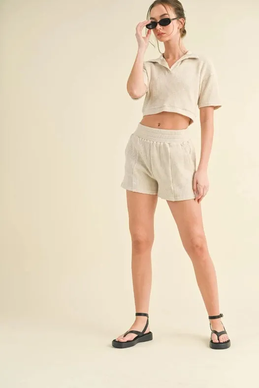 Waffle Knit Polo And Short Set Taupe