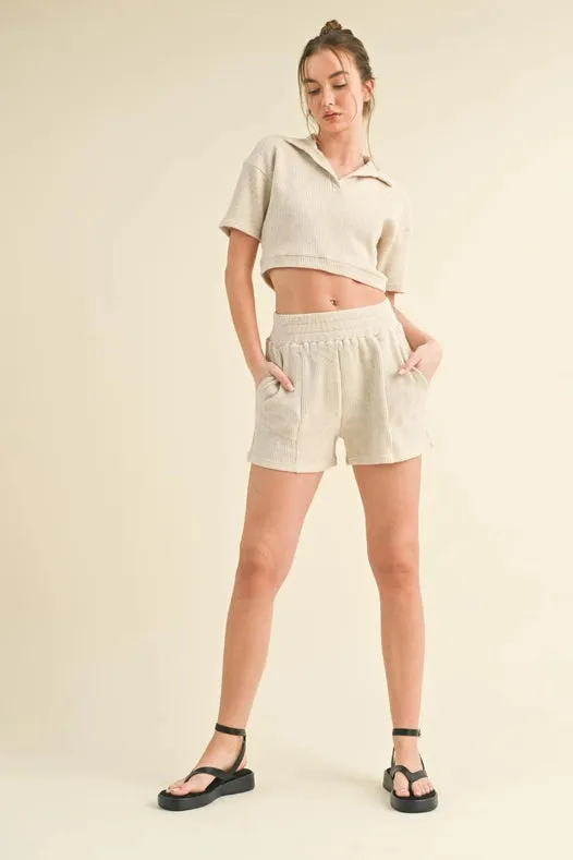 Waffle Knit Polo And Short Set Taupe