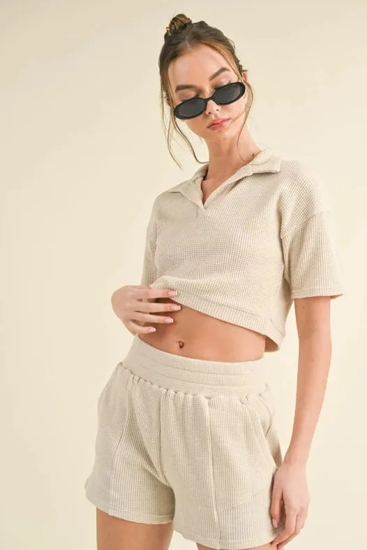 Waffle Knit Polo And Short Set Taupe