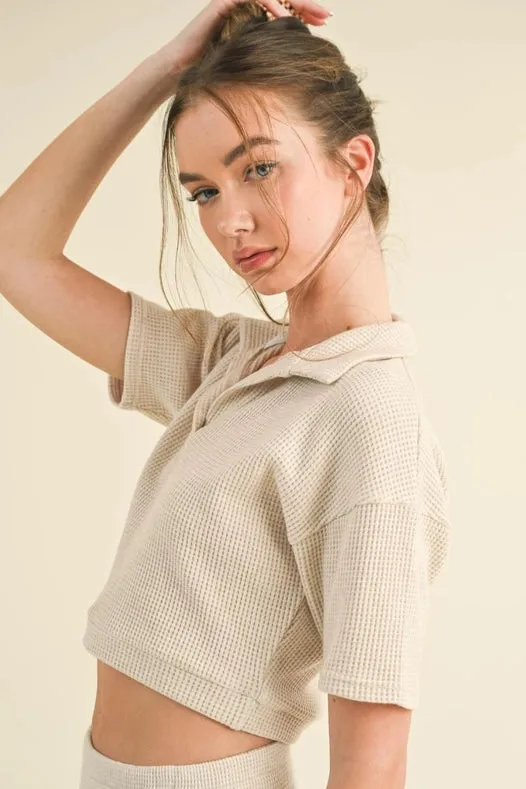 Waffle Knit Polo And Short Set Taupe