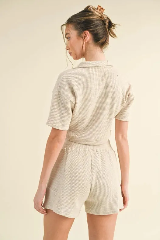 Waffle Knit Polo And Short Set Taupe