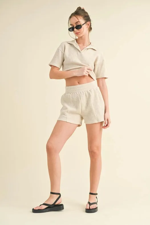 Waffle Knit Polo And Short Set Taupe
