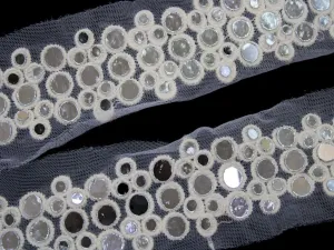 White Fancy Embellished Mirror Work Embroidered Border