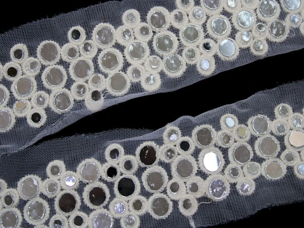 White Fancy Embellished Mirror Work Embroidered Border
