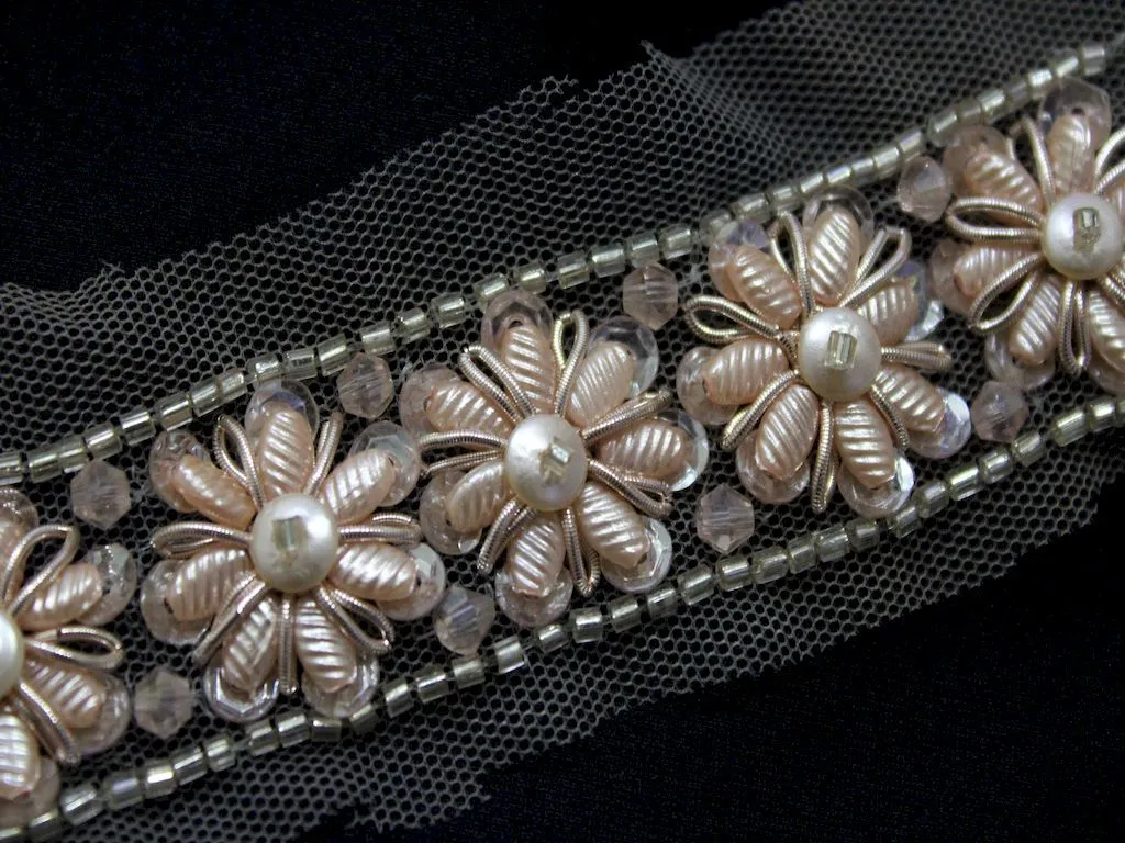 White Golden Floral Stone and Beads Handwork Embroidered Border