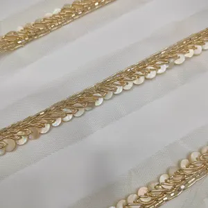 White Golden Sequins Work Embellished Handwork Trim (Wholesale)