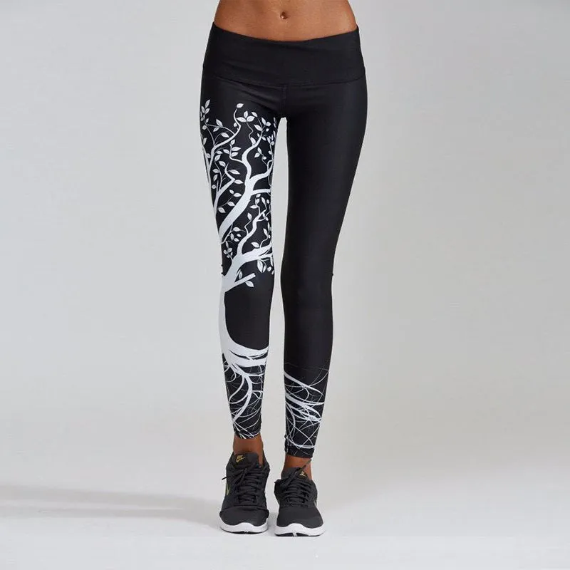 White Tree Print Sports Yoga Pants