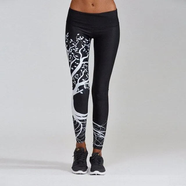 White Tree Print Sports Yoga Pants