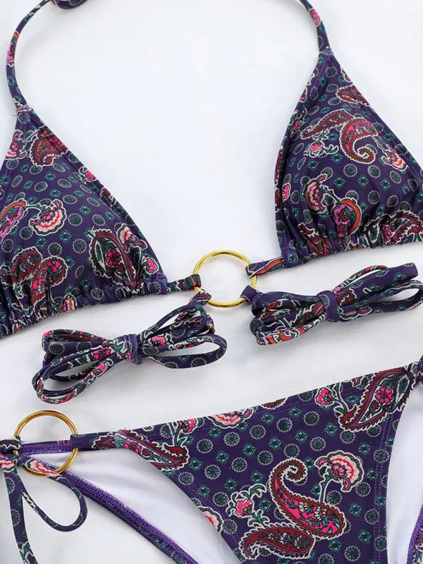 Wireless Tri Bra and Bikini String - 2 Piece Rings Parsley Print Swimwear
