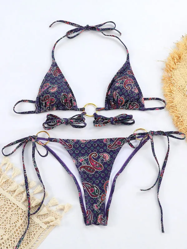 Wireless Tri Bra and Bikini String - 2 Piece Rings Parsley Print Swimwear
