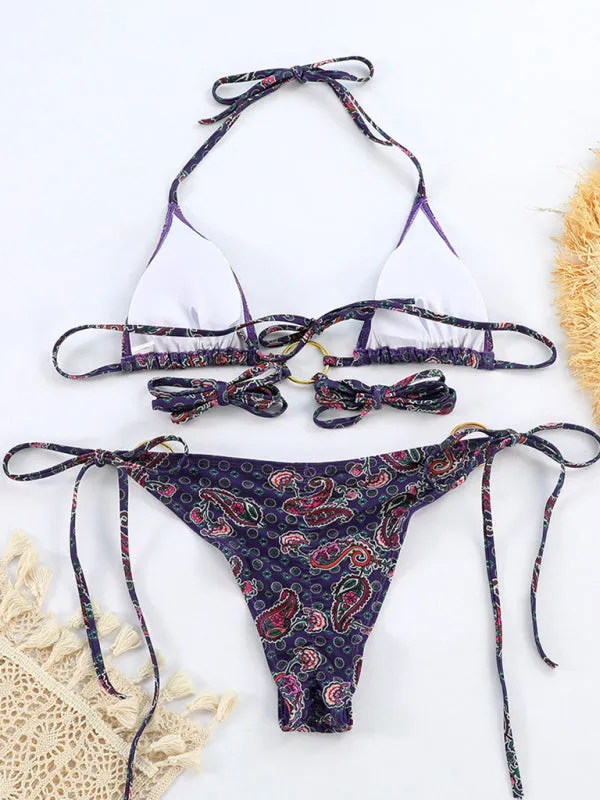Wireless Tri Bra and Bikini String - 2 Piece Rings Parsley Print Swimwear