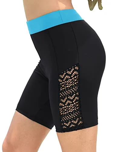 Women High Waisted Swim Shorts Tummy Control Long Board Shorts Bottoms-Black