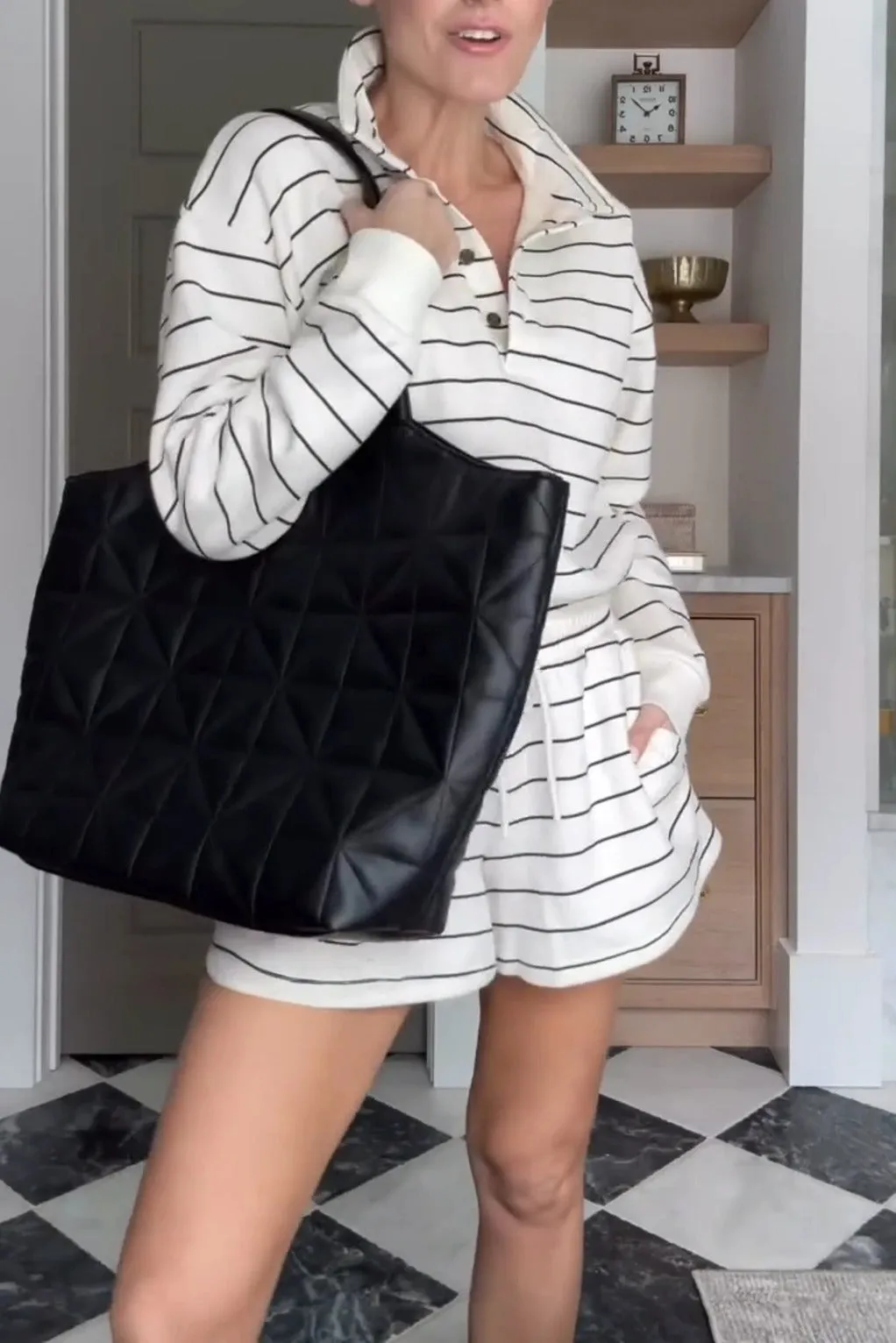 Women's Casual Striped Polo Neck Long Sleeve Shorts Two-Piece Set