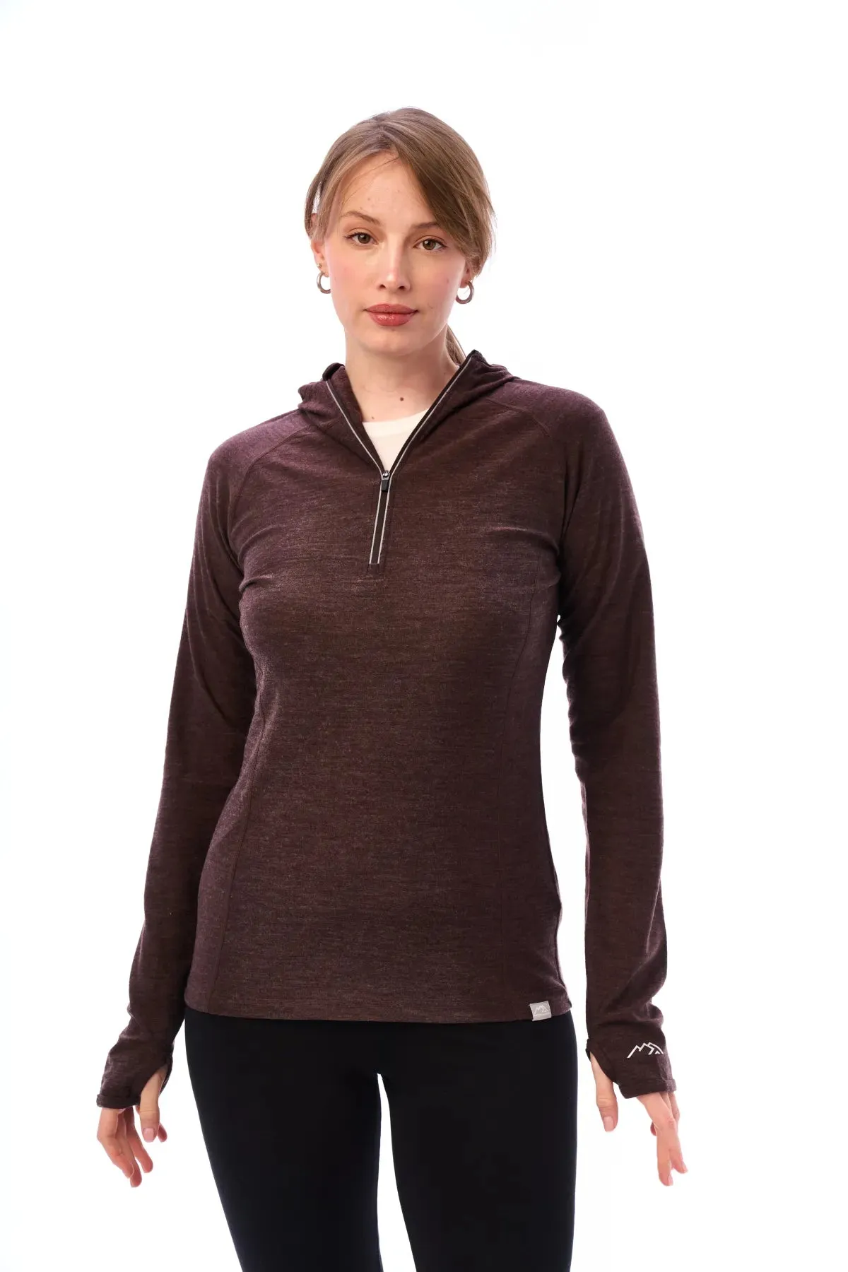 Women's Merino Wool Half Zip Hoodie 190 Chocolate