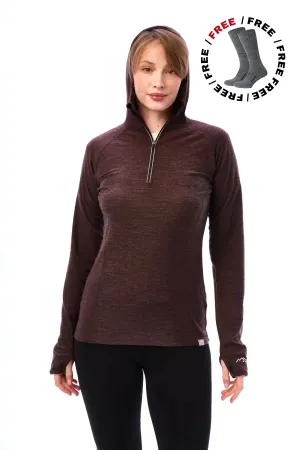 Women's Merino Wool Half Zip Hoodie 190 Chocolate