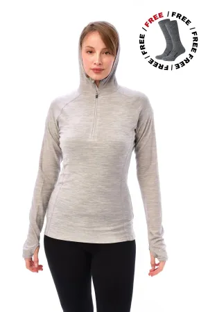 Women's Merino Wool Half Zip Hoodie 190 Heather Grey