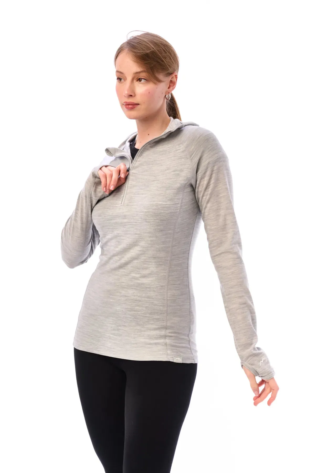 Women's Merino Wool Half Zip Hoodie 190 Heather Grey
