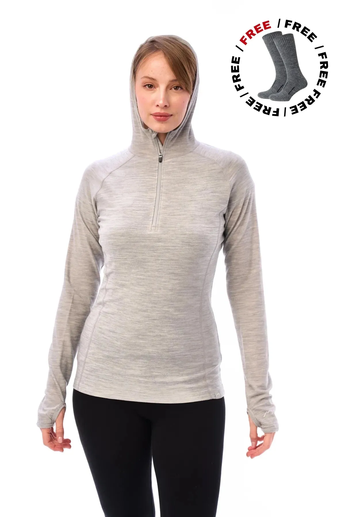 Women's Merino Wool Half Zip Hoodie 190 Heather Grey