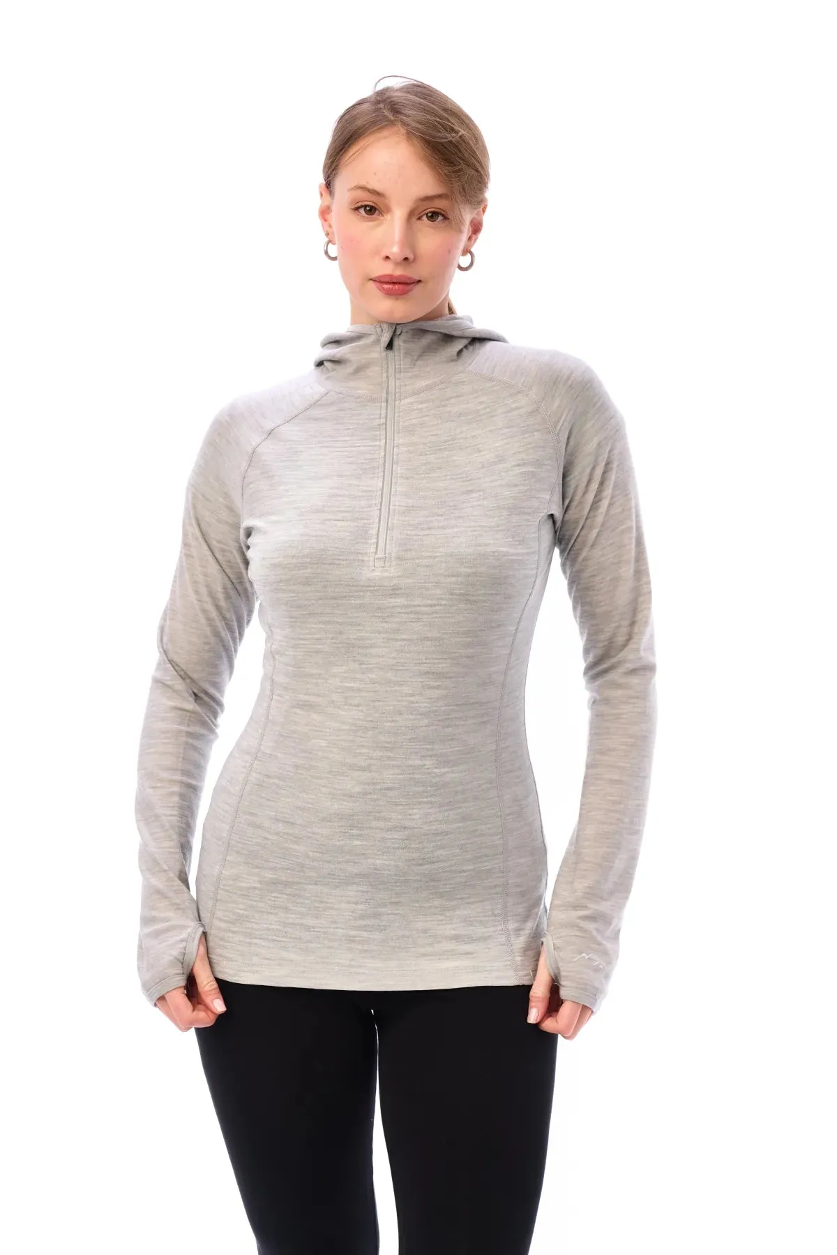 Women's Merino Wool Half Zip Hoodie 190 Heather Grey