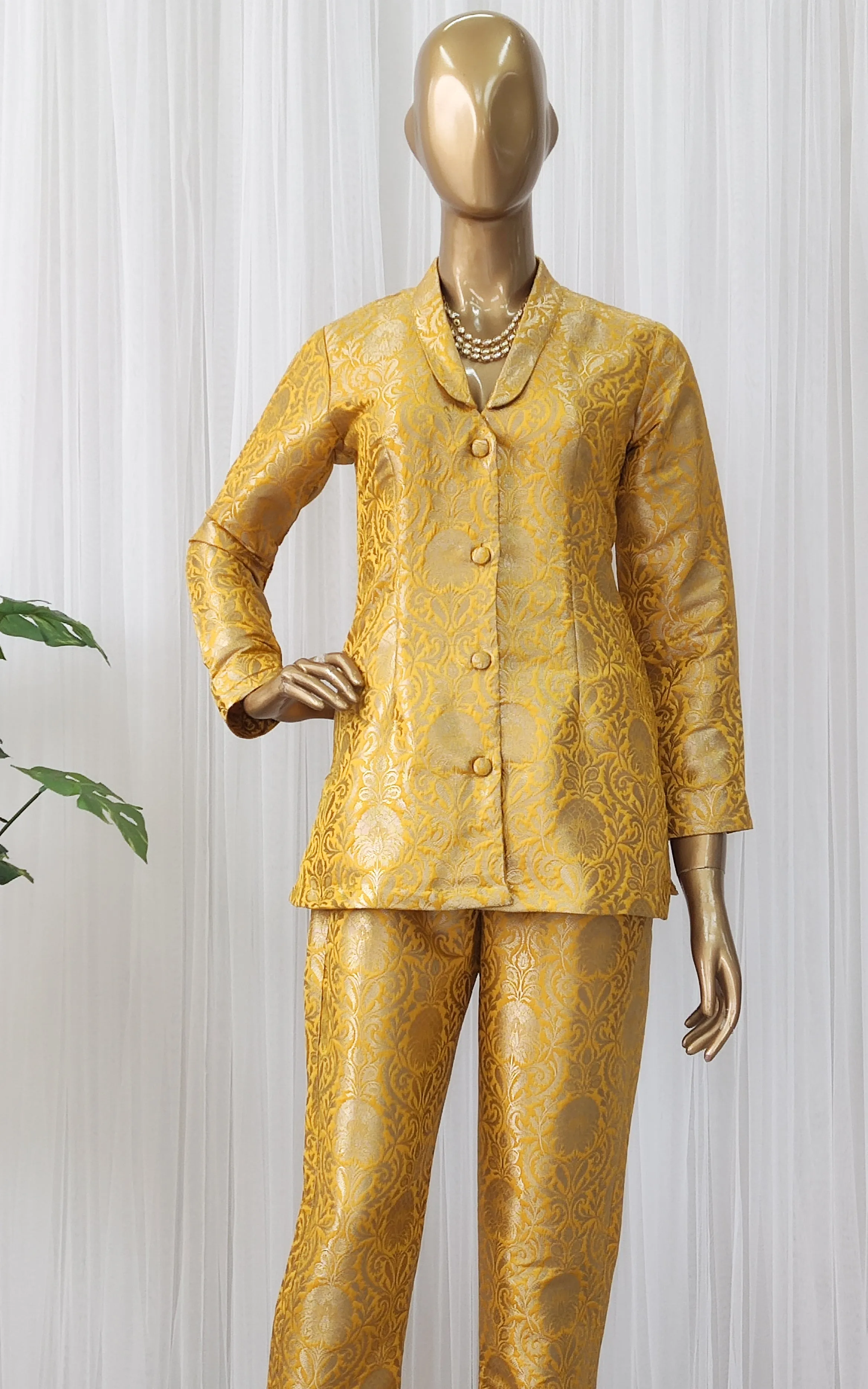Yellow Brocade Pant-Suit Co-ord Set