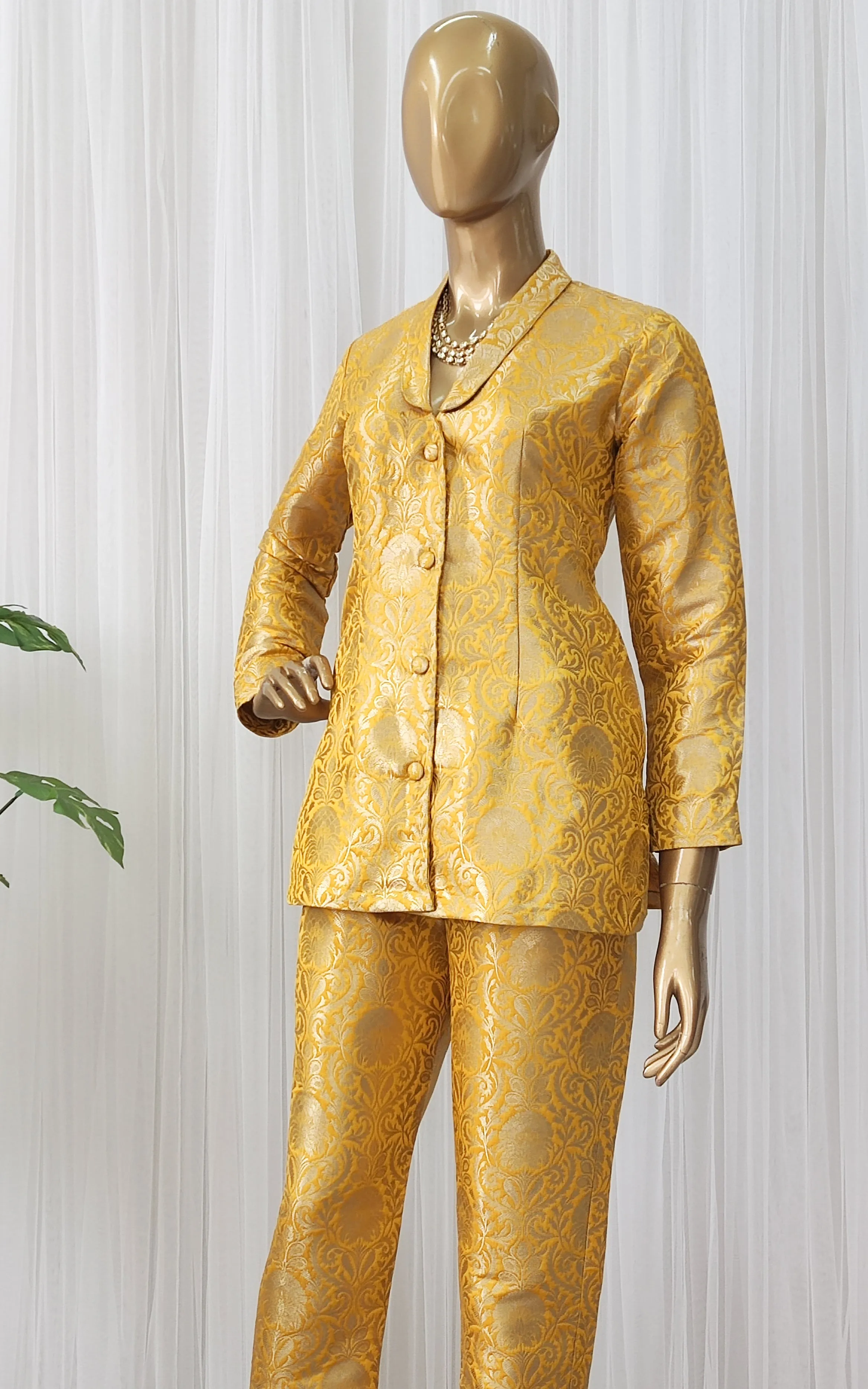Yellow Brocade Pant-Suit Co-ord Set
